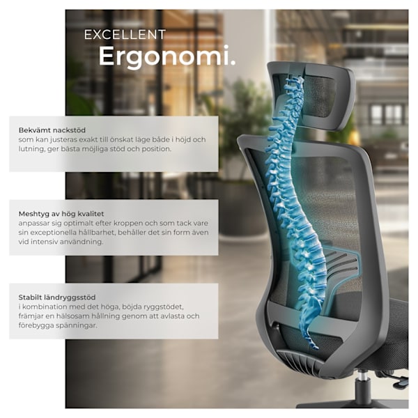 tectake Kontorsstol Phoibe, ergonomisk med justerbart nackstöd Svart