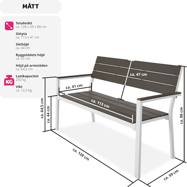 tectake Trädgårdsbänk Line 2-sits med aluminiumram 128x59x88cm Ljusgrå