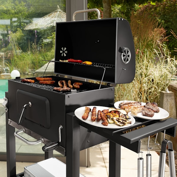 tectake Kolgrill Florian, höjdjusterbar med värmegaller, med termometer Svart