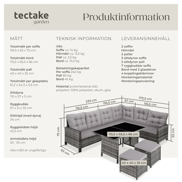 tectake Loungeset Barletta i konstrotting grå