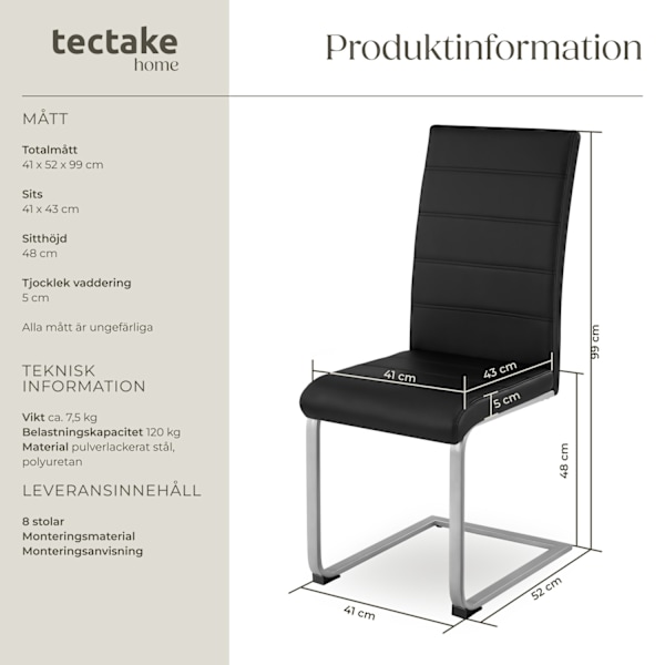 tectake Köksstolar Bettina -  Uppsättning om 8 Svart