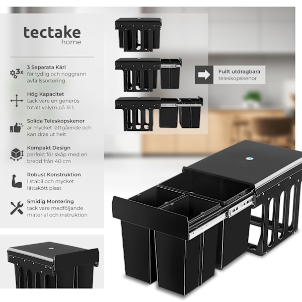 tectake Sopsortering Ashlyn, 3-kärl, 31L Svart