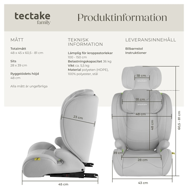 tectake Bilbarnstol Levi, i-Size-godkänd, med ISOFIX Ljusgrå