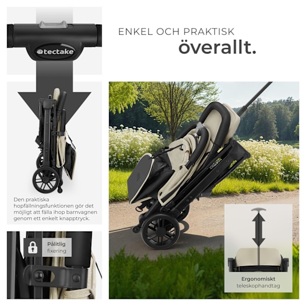 tectake Hopfällbar barnvagn Finn med 5-punktsbälte Beige
