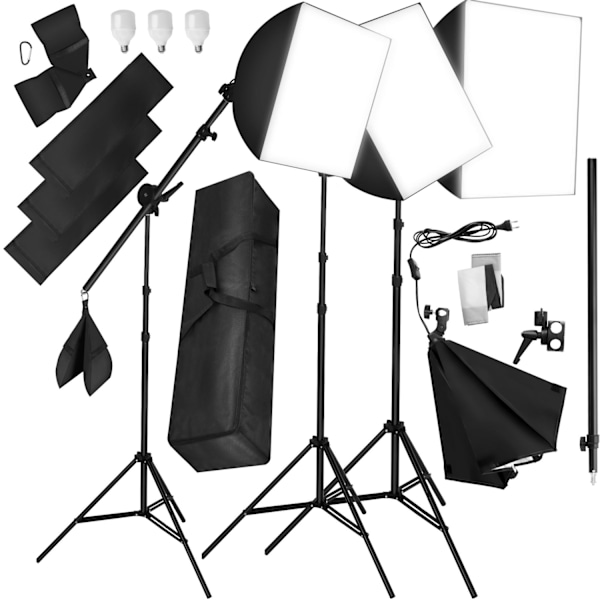 tectake 3 studiolampor med softbox, stativ och väska Svart
