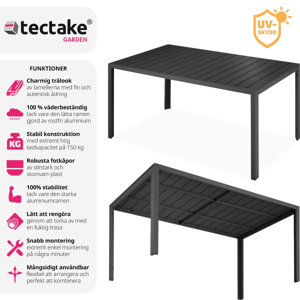 tectake Trädgårdsbord i aluminium Bianca höjdjusterbara fötter 150x90x74,5cm Svart