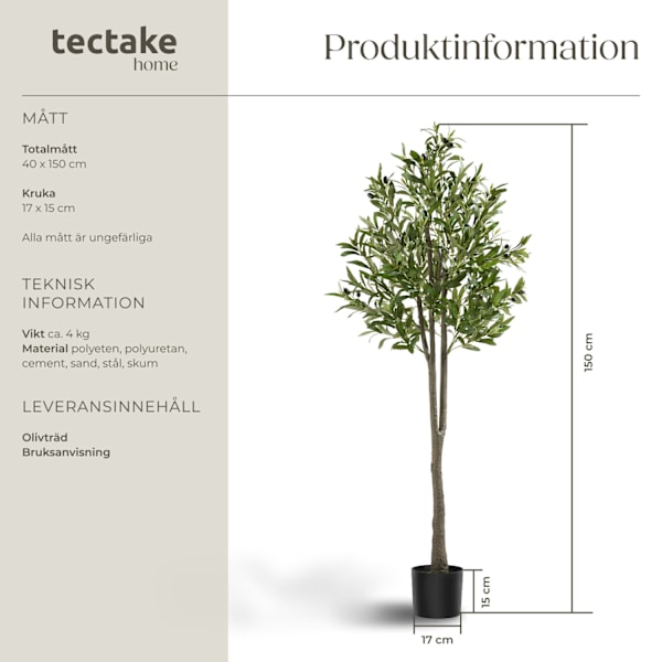 tectake Konstgjort olivträd Oleand, naturtrogen textur - 150 cm Grön