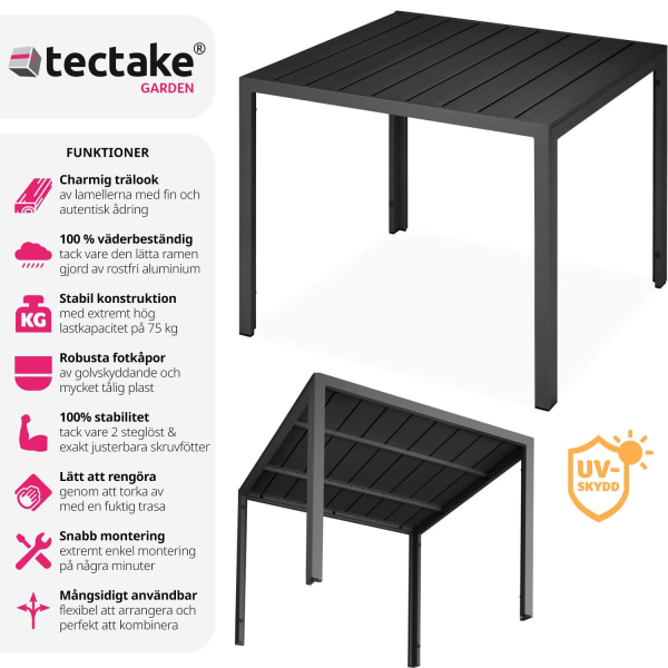 tectake Trädgårdsbord i aluminium Maren höjdjusterbara fötter 90x90x74,5cm Svart