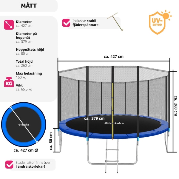 tectake Studsmatta, trampolin med skyddsnät, upp till 80 kg - 42 Blå