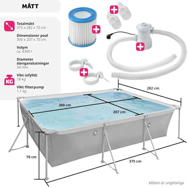 tectake Pool fyrkantig 300 x 207 x 70 cm grå