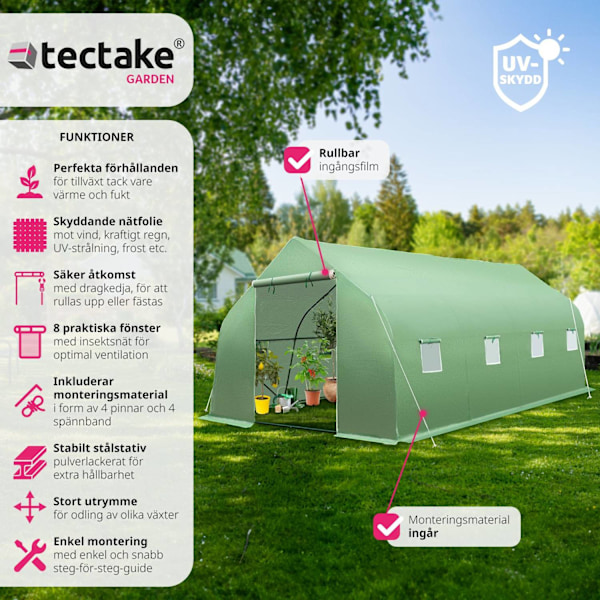 tectake Plastväxthus tält med 8 fönster 600x300x205cm Grön