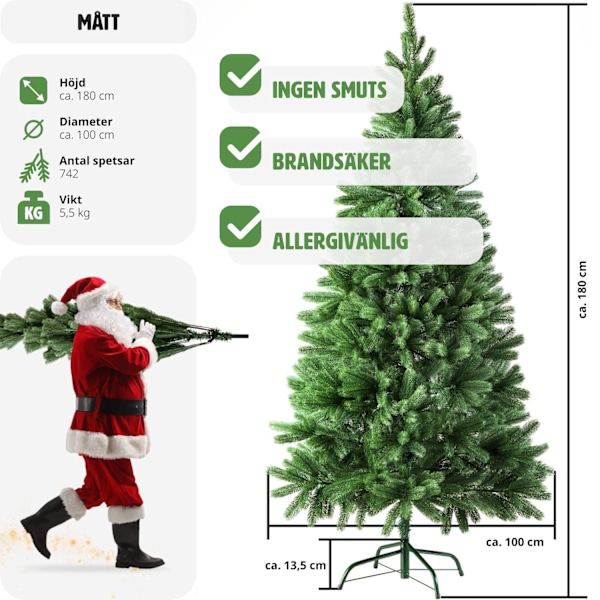tectake Konstgjord julgran, naturtrogen design och formsprutade granbarr - 180 cm Grön