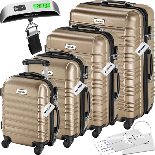 tectake Resväskeset Mila - 4 resväskor, bagage med bagagevåg och Champagne