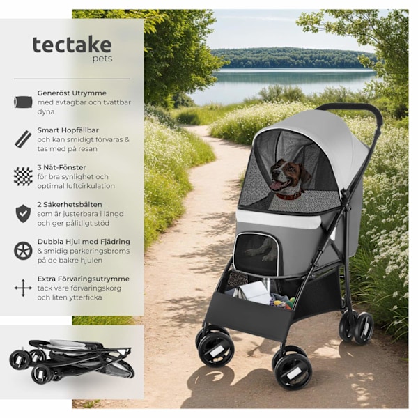 tectake Hundvagn Eddy, hopfällbar, fjädrad, 2 säkerhetsbälten Ljusgrå
