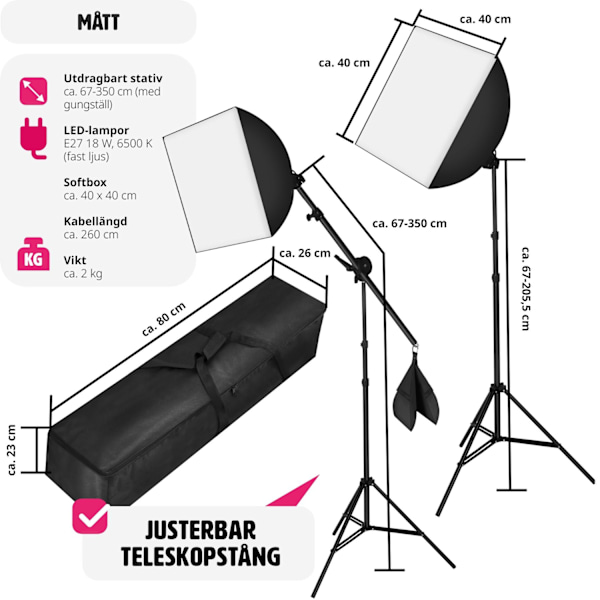 tectake 3 studiolampor med softbox, stativ och väska Svart