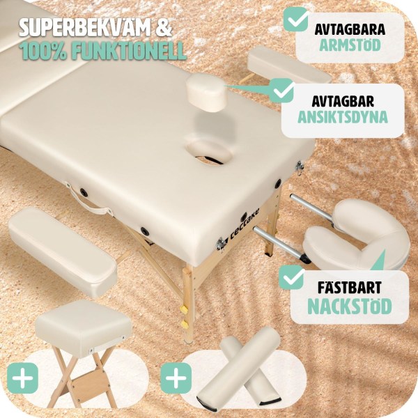 tectake 3-zons massagebänk med 10cm stoppning och träram + massagerullar, pall och bärväska Beige