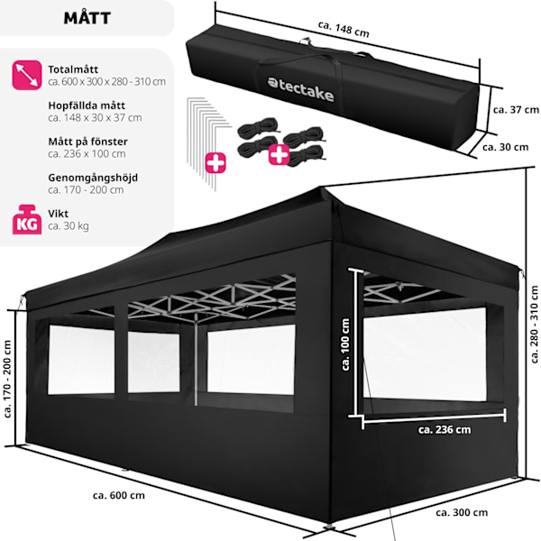 tectake Hopfällbar partytält Viola 3x6 m med 4 sidodelar Svart