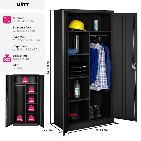 tectake Dokumentskåp med 6 fack och stång -  80 cm Svart