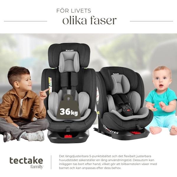 tectake Roterbar bilbarnstol Linus, i-Size godkänd, ISOFIX Ljusgrå