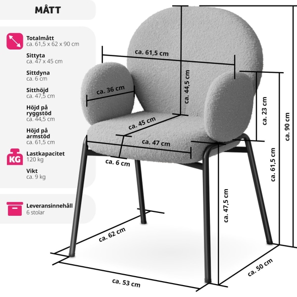 tectake 6st fåtöljer Scandi med bouclétyg Ljusgrå