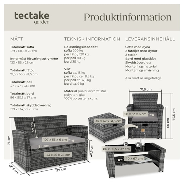 tectake Loungegrupp i konstrotting Modena inkl. skyddsöverdrag grå