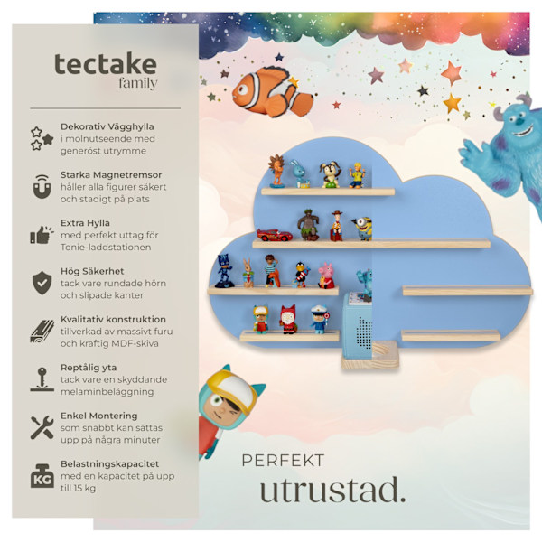 tectake Vägghylla MyLittleStory Cloud för upp till 28 tonies Blå