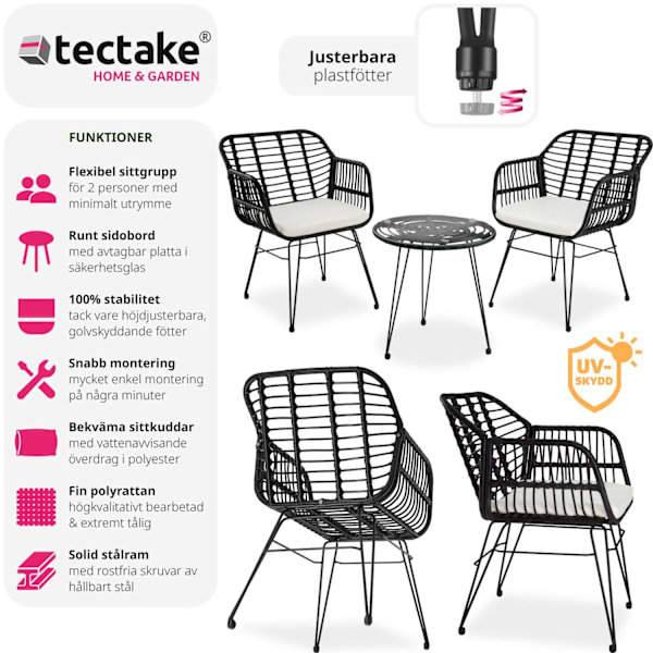 tectake Caféset i konstrotting Molfetta 2+1 Svart