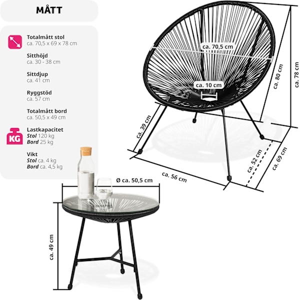 tectake 2-set Loungestol Santana med bord Svart