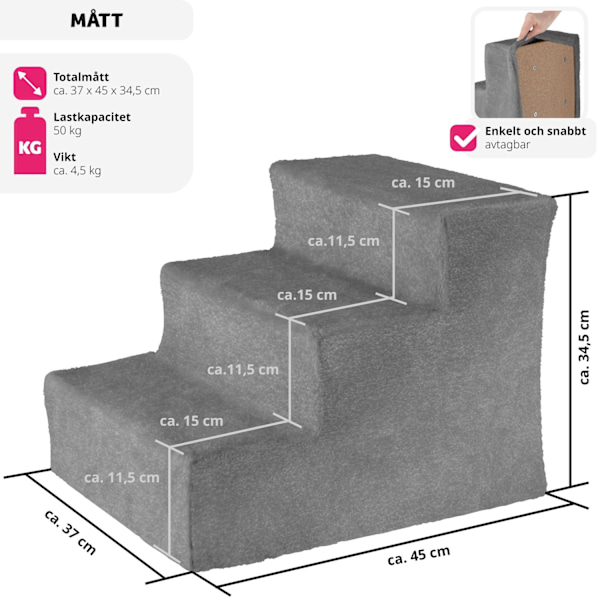 tectake Husdjurstrappa Paw Path med plyschöverdrag 37 x 45 x 34,5 cm grå