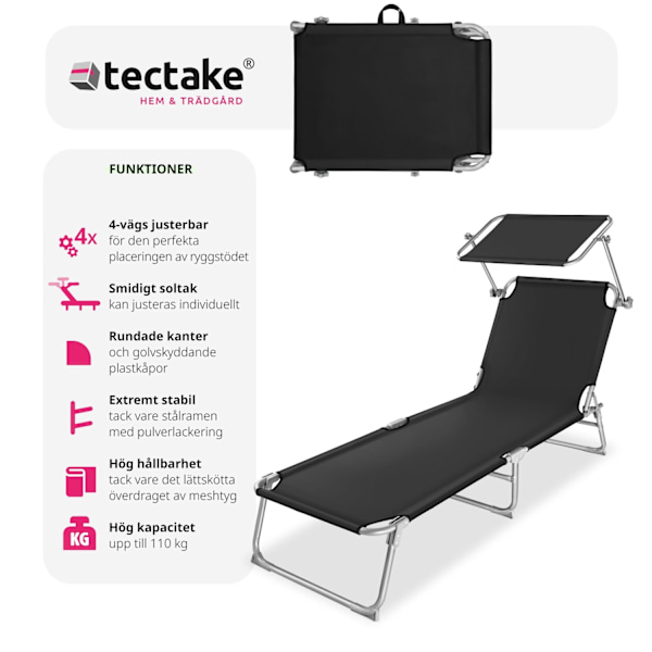 tectake 2 solsängar med soltak Svart