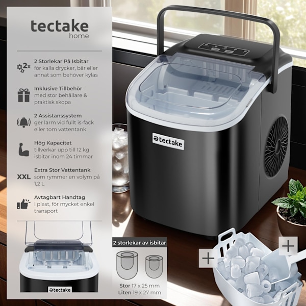 tectake Ismaskin Arctic, 1,2 L, 2 isbitsstorlekar Svart