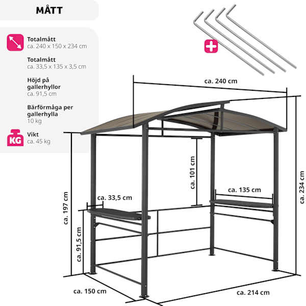 tectake Grillpaviljong  Asado 2,4x1,5x2,34m grå