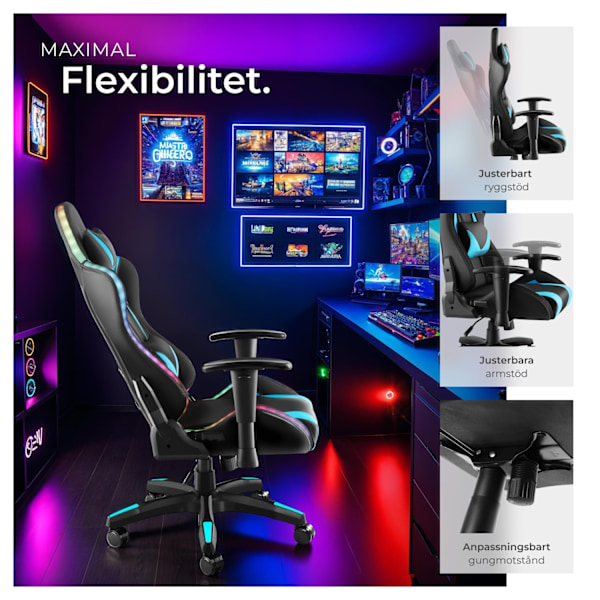 tectake Gamingstol Tartaros, LED, massagefunktion Azurblå