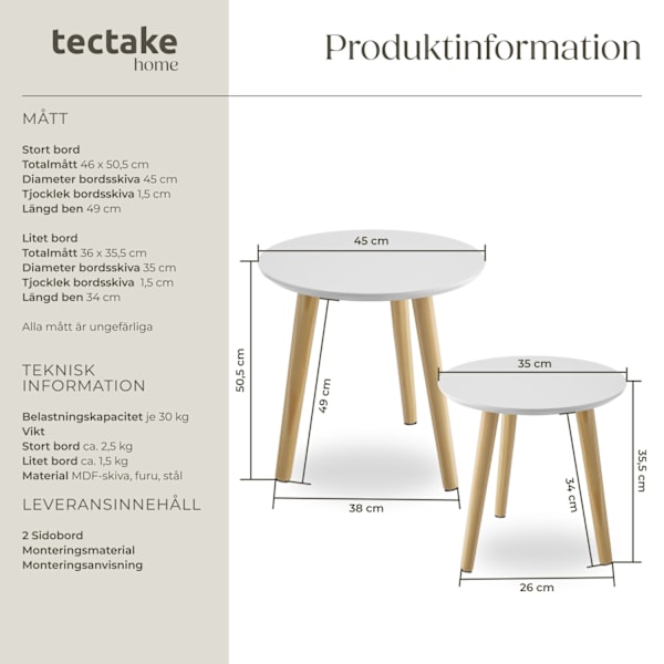 tectake 2-delat set sidobord Skaland med träben Vit