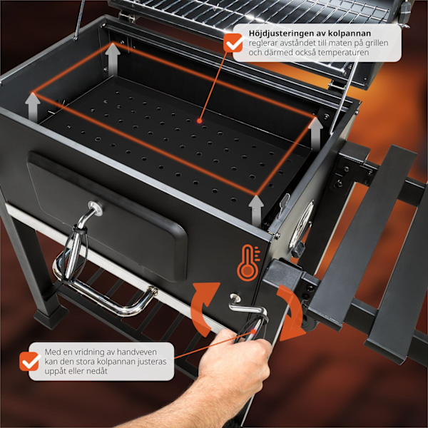 tectake Kolgrill Florian, höjdjusterbar med värmegaller, med termometer Svart