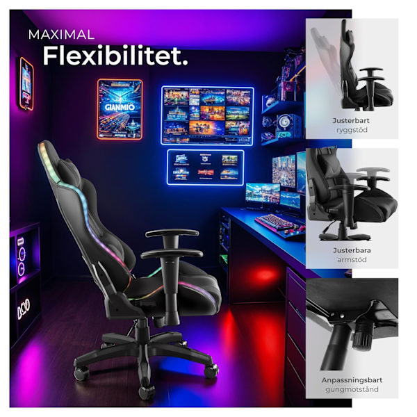tectake Gamingstol Tartaros, LED, massagefunktion Svart