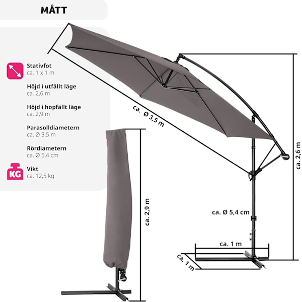 tectake Parasoll 350 cm grå