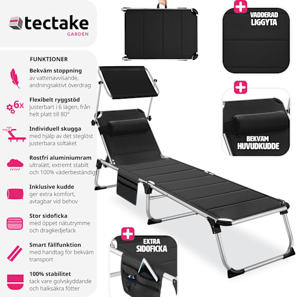 tectake Solstol Lorella, vadderad, hopfällbar Svart