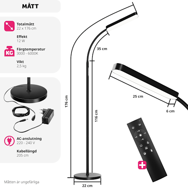 tectake Golvlampa Prisma LED, 5 ljuslägen, 12 W, dimbar Svart