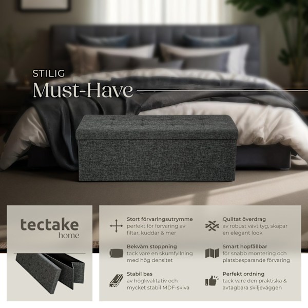 tectake Hopfällbar sittbänk med förvaringsutrymme 110 x 38 cm Mörkgrå