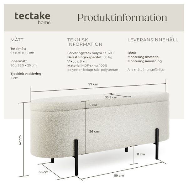 tectake Vadderad sittbänk med förvaring, Lanja Bouclé cremevit