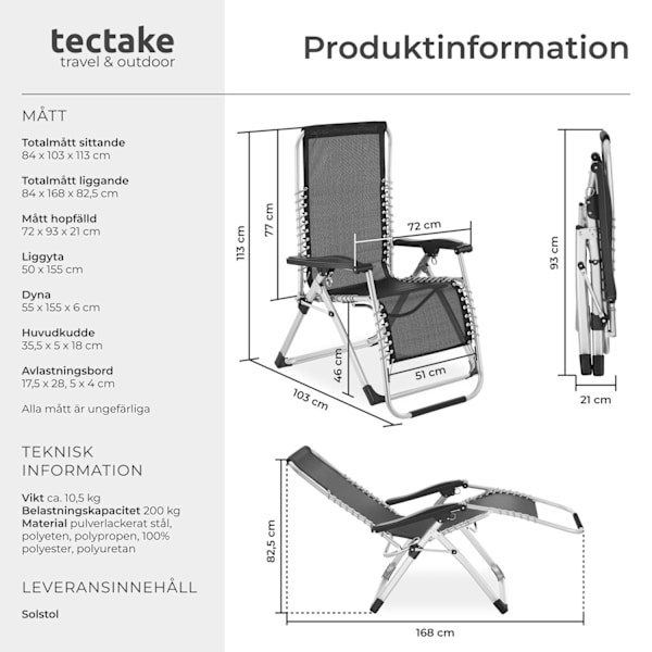 tectake Hopfällbar solstol Cloud, steglöst justerbar -  per styck Svart