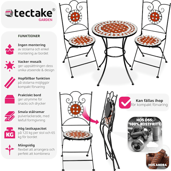 tectake Caféset Mosaik 2 stolar + bord, 60 cm diameter Brun