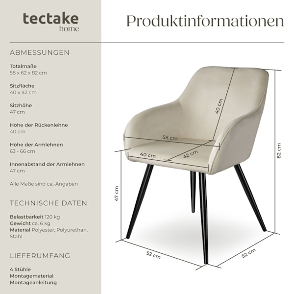 tectake Karmstol Marilyn i sammetstyg -  Uppsättning om 4 multifärg