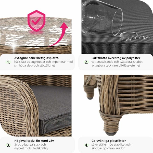 tectake Lyxig möbelgrupp i konstrotting med 2 fåtöljer och bord Natur