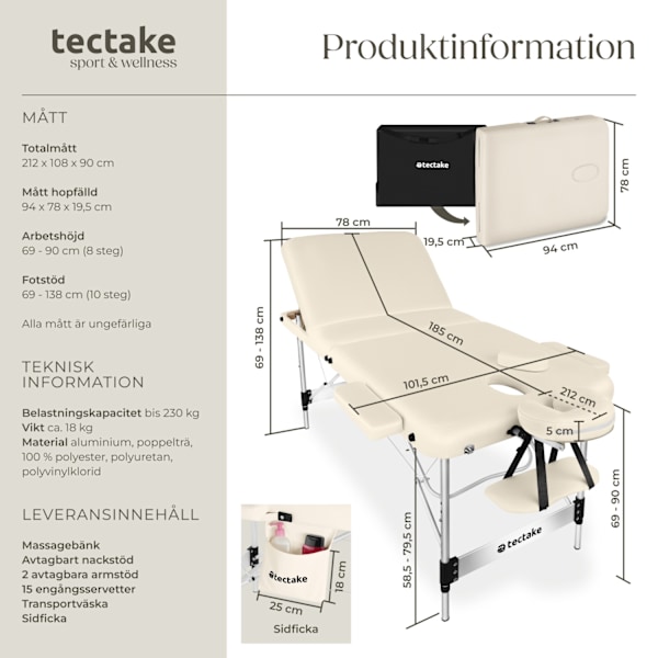 tectake 3 zons massagebänk Ko Tao, bärväska & aluminiumram Beige