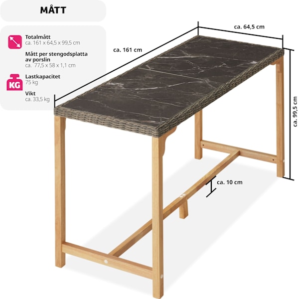 tectake Rotting barbord Lovas 161x64,5x99,5cm Natur