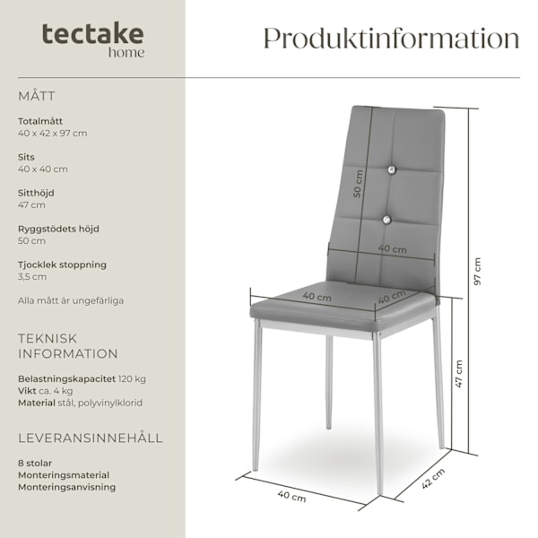 tectake Set matstolar Julien -  Uppsättning om 8 grå
