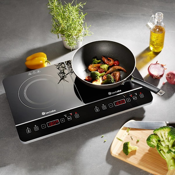tectake Induktionshäll dubbel 3400 W Svart