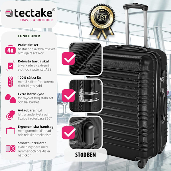 tectake Resväskeset 4 stycken med hårt skal Svart
